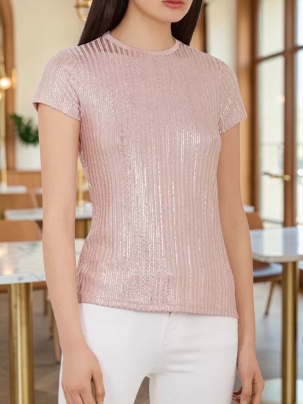 Ted Baker Catrino Metallic Tee Shirt Ted/3 US/8 Pink Short Sleeve Crewneck